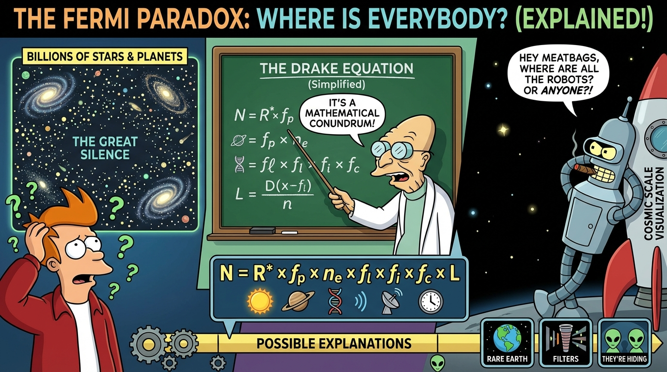 Futurama style infographic about the Fermi paradox