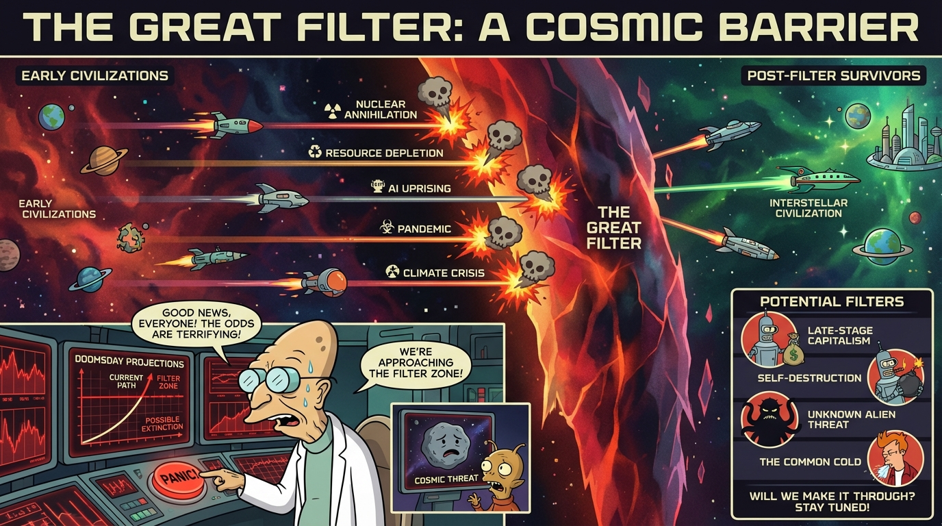 Futurama style infographic about the Great Filter