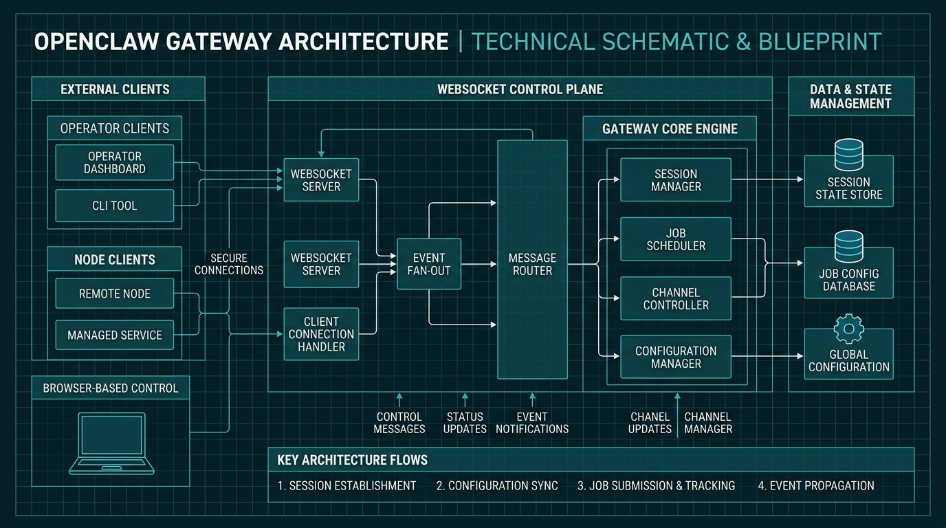 Blueprint infographic showing OpenClaw Gateway architecture