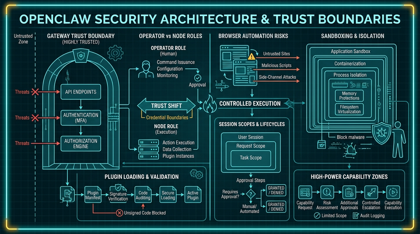 Blueprint infographic showing OpenClaw security and trust boundaries