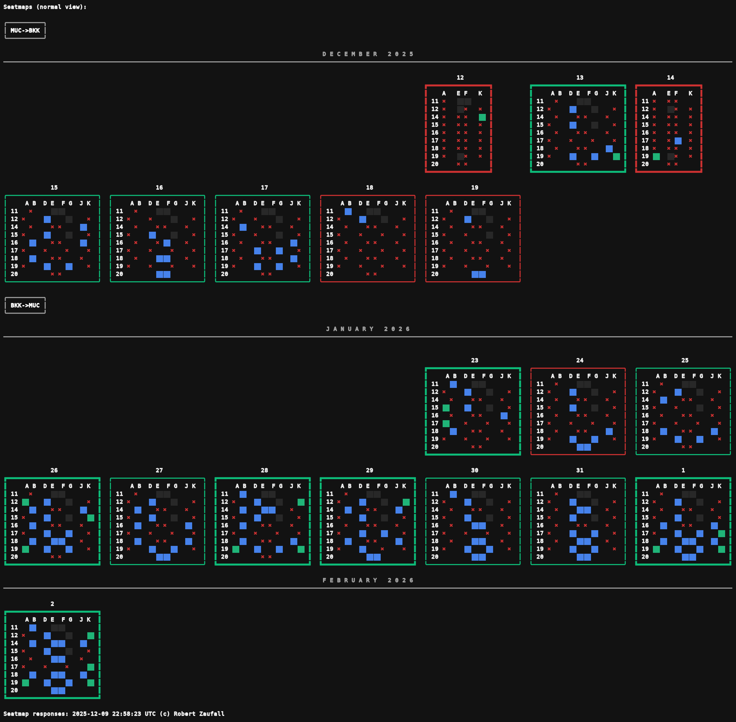 Weekly grid of ASCII seat maps