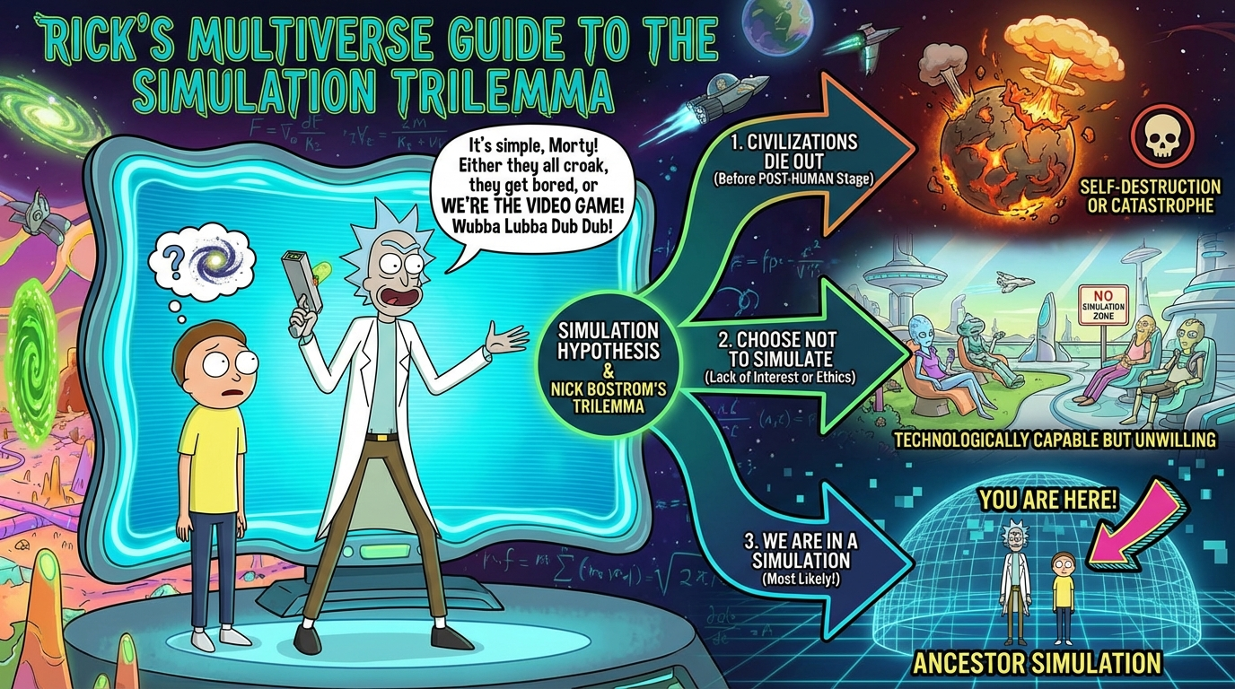 Rick and Morty style infographic about Bostrom's Simulation Argument